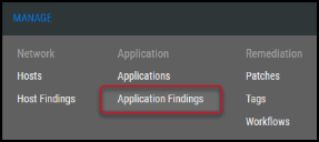 Application Findings menu location under Applications section in the Manage menu.
